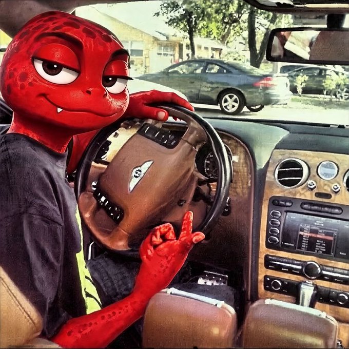 A red cartoon lizard character with sharp teeth sits behind the wheel of a car, casually gesturing with a middle finger. The image humorously conveys a confident, rebellious attitude that mirrors the bold "this coin will pump" conviction behind the $INTERN and $CASHCAT investment thesis.