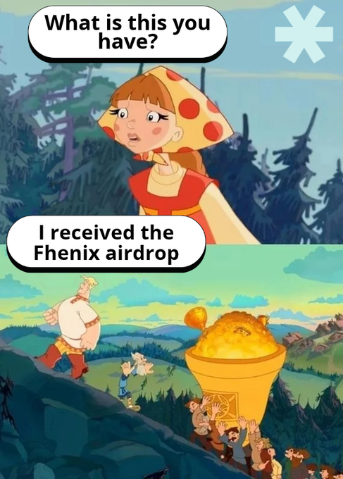 A two-panel cartoon shows a girl asking, “What is this you have?” and answering, “I received the Fhenix airdrop,” while figures carry a large flaming golden cup through a forest.