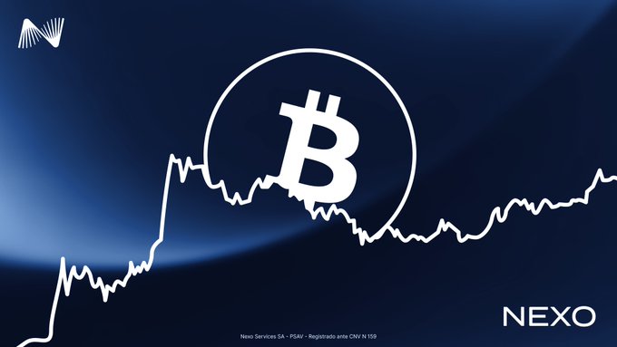A digital graphic featuring a Bitcoin logo with an upward trending line chart on a blue background, with the text "NEXO" and "Nexo Services SA · PSAV · Registrada ante CNV N 159" visible.