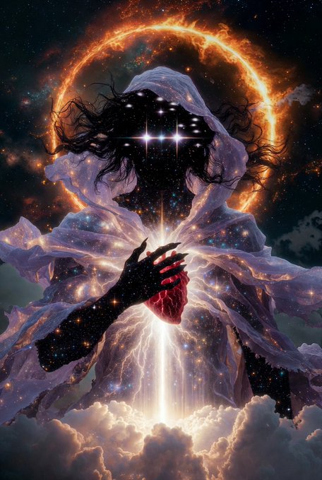A dramatic digital artwork depicting a hooded cosmic figure with a starry galaxy for a face, three glowing eyes, and flowing white robes, holding a red hand against a backdrop of a fiery solar eclipse and clouds.