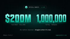 A digital banner for an airdrop promoting "OFFICIAL MINT-E.COM" with stats showing $200M Testnet Volume and 1,000,000 Total Takers.