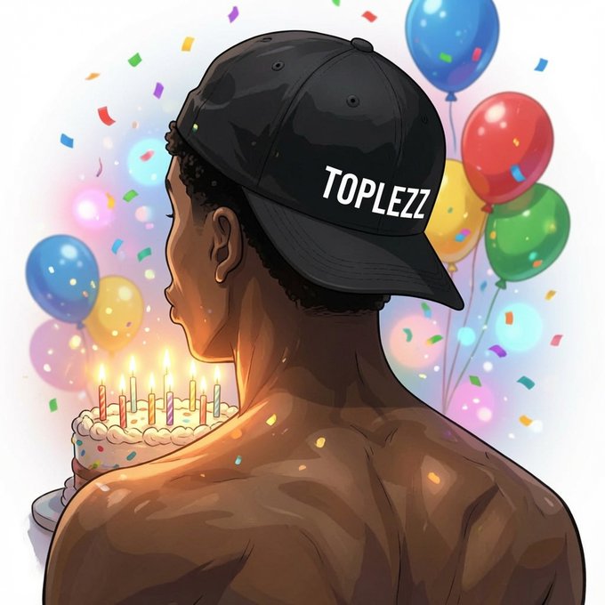 A digital illustration of a shirtless man viewed from behind wearing a black cap labeled 'TOPLEZZ', facing a birthday cake with lit candles amid colorful balloons and confetti.