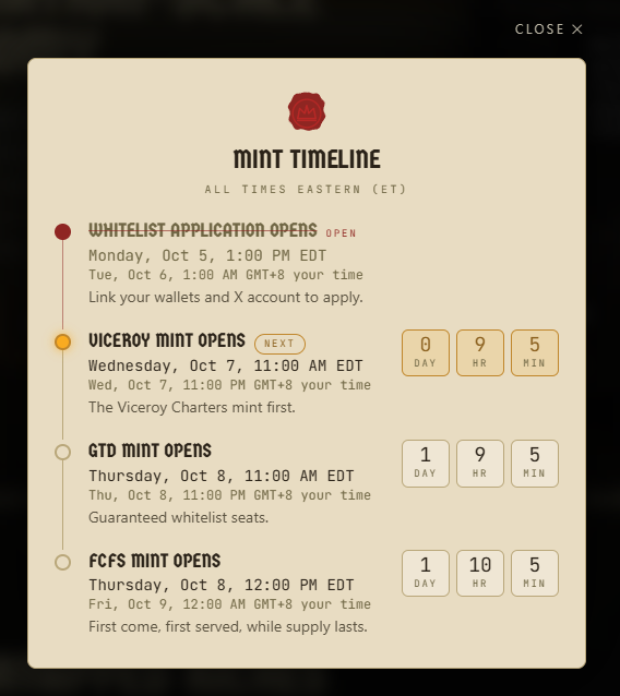 A 'MINT TIMELINE' graphic showing schedule details in Eastern Time: Whitelist Application (open, Oct 5-6), Viceroy Mint (Oct 7), GTD Mint (Oct 8, 11:00 AM EDT), and FCFS Mint (Oct 8, 12:00 PM EDT).