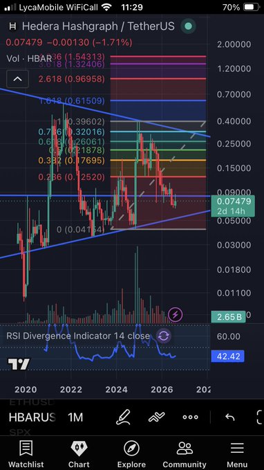 A smartphone screenshot of a TradingView stock/crypto chart for "Hedera Hashgraph / TetherUS" (HBARUS) showing HBAR at 0.07479, with candlestick patterns, Fibonacci levels, and an RSI Divergence Indicator displaying 42.42.