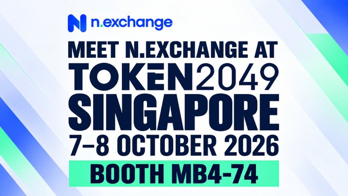 A promotional banner reads 'Meet N.exchange at TOKEN2049 Singapore 7-8 October 2026 Booth MB4-74'.