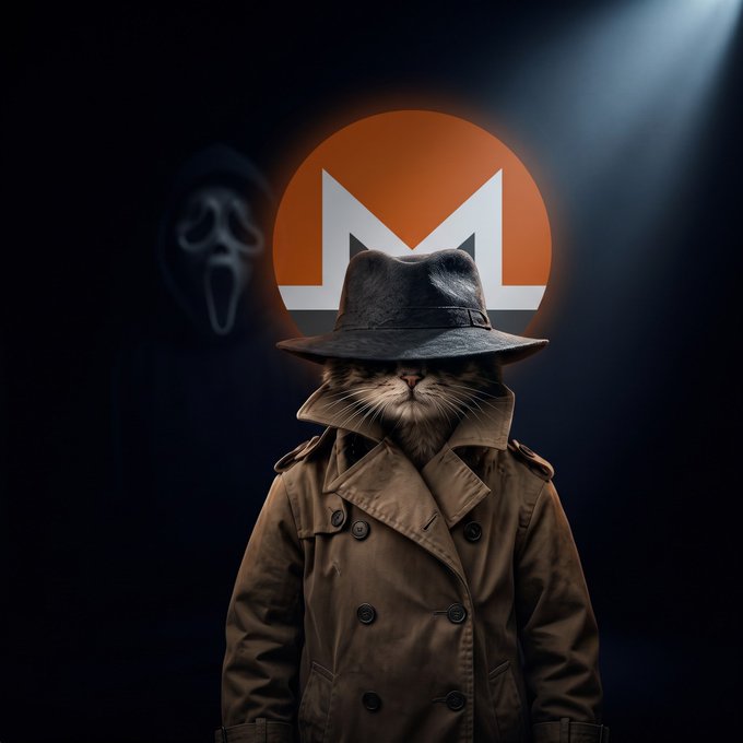 A stylized image of a cat in a trench coat and fedora stands before an orange-and-white “M” logo, with a Scream-like ghost figure in the background.