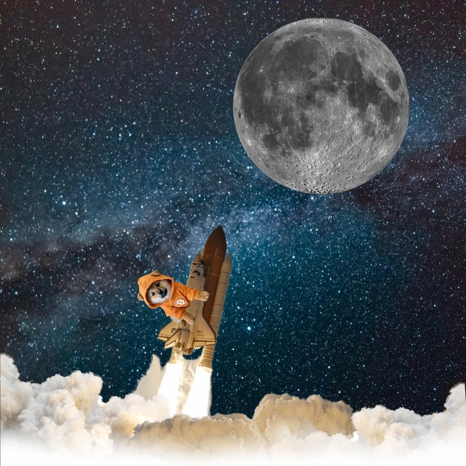 A whimsical illustration shows a Shiba Inu dog dressed as an astronaut riding a space shuttle rocket through clouds toward a large moon in a starry sky.