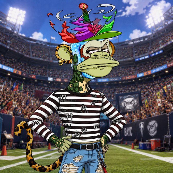 A cartoon-style monkey character wearing a striped prison shirt, ripped jeans, and an elaborate colorful hat, standing in a football stadium with Bill orca imagery in the background.