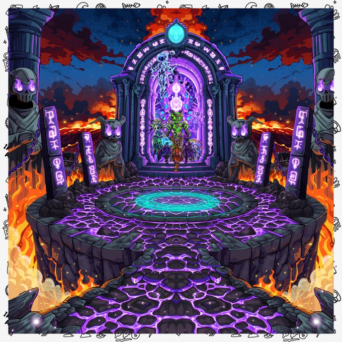 Vibrant fantasy artwork depicting a demonic portal with purple runes, flames, and a horned creature emerging from the center of a stone pathway.