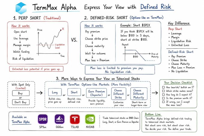 An infographic for "TermMax Alpha" explaining "Defined Risk" short strategies vs. traditional perp shorts, with examples for tickers SPY, QQQ, TSLA, and NVDA.