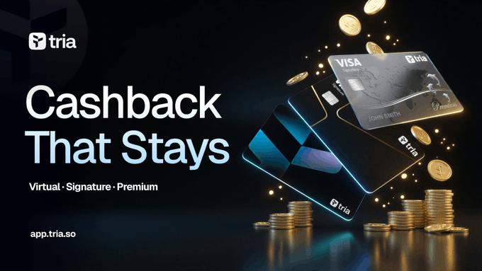 The image features an advertisement for a virtual currency exchange service called Tria Wallet. The advertisement showcases three different types of payment methods, including Visa cards, Mastercard, and American Express, along with some coins scattered around them. The text on the advertisement highlights the convenience and benefits of using virtual currency for real-life purchases, such as the ability to spend money instantly without the need for a bank account or credit card.