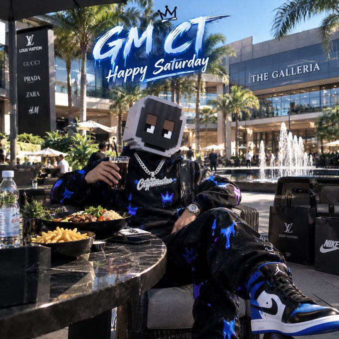 A photo-manipulated image shows a person with a Minecraft block head wearing a black and blue splatter tracksuit, seated at an outdoor mall café table with food and an iced drink; overlay text reads 'GM CT Happy Saturday' with luxury brand logos like Louis Vuitton, Gucci, Prada, and The Galleria visible.