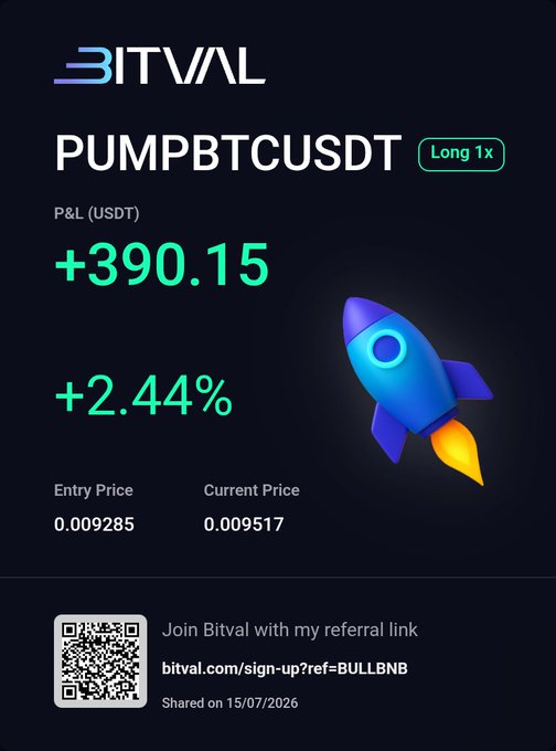 A Bitval trading card showing a PUMPBTCUSDT long position with +390.15 USDT profit (+2.44%), entry price 0.009285 and current price 0.009517, shared on 15/07/2026 with a referral link bitval.com/sign-up?ref=BULLBNB.