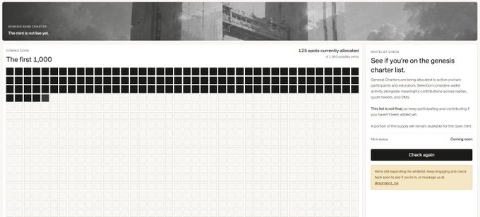 A webpage for 'GENESIS BANK CHAPTER' showing a charter list titled 'The first 1,000' with 125 spots currently allocated, featuring a message about being on the genesis charter list.