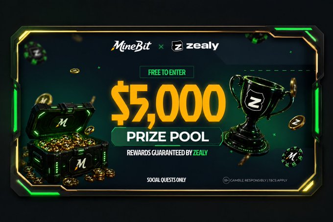 A promotional banner for a 'MineBit x zealy' event featuring a '$5,000 PRIZE POOL' labeled 'FREE TO ENTER', flanked by images of a treasure chest of gold coins and a black trophy.