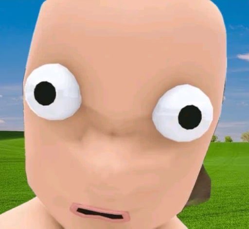 A close-up of a 3D animated, bald humanoid character with large, staring eyes and a small mouth, set against a green grassy field and blue sky background.