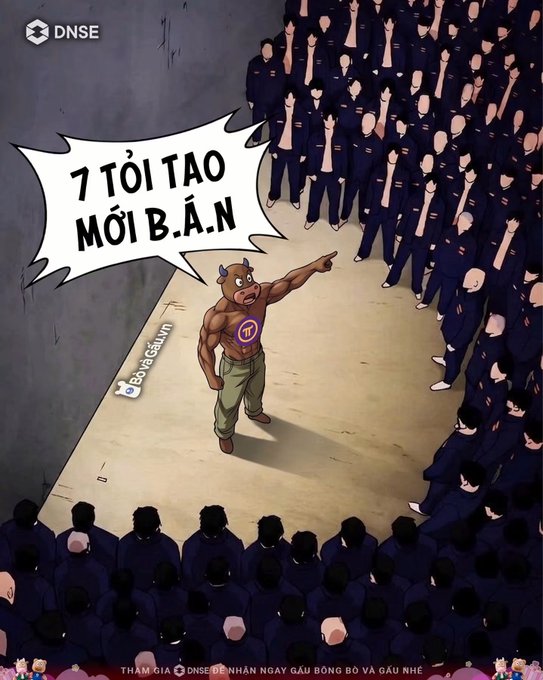 A manga-style illustration with "DNSE" branding showing a muscular character pointing at a crowd of people in suits, with a speech bubble reading "7 TỎI TAO MỜI B.Ẩ.N" (Vietnamese text).