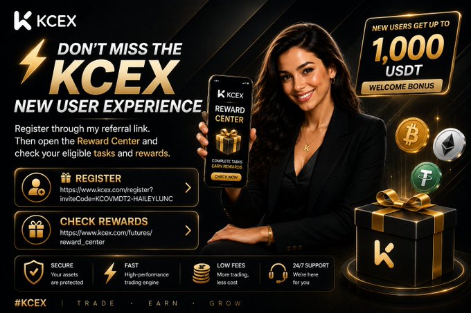 A promotional graphic for KCEX cryptocurrency exchange featuring a woman holding a smartphone displaying the KCEX Reward Center, alongside text advertising a "New User Experience" with up to 1,000 USDT welcome bonus, a gift box with the KCEX logo, and Bitcoin, Ethereum, and Tether coin icons. The image complements the post by visually reinforcing the referral offer and directing users to register at kcex.com/register?inviteCode=KC0VMDTZ-HAIILEYLUNC and check rewards at kcex.com/futures/reward_center.