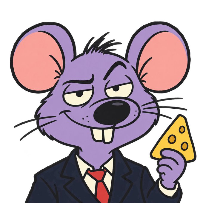 A cartoon illustration depicts a purple mouse wearing a dark suit and red tie, holding a slice of cheese with a smug expression.
