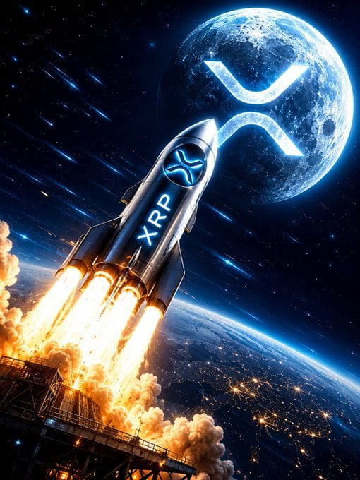 AI-generated artwork depicting an XRP-branded rocket launching toward a moon displaying the XRP logo, set against Earth and space.
