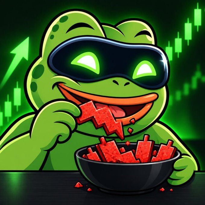 A cartoon green frog wearing glowing green goggles devours red, downward-trending price chart candles from a black bowl, with a green upward arrow and bullish candlesticks in the background—visually representing the aggressive bullish momentum of $AP (Artificial Pepe) while playfully "eating the dip" of the market.