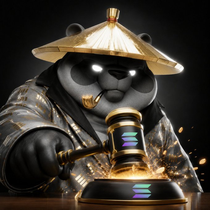 A panda judge wearing a traditional conical hat and smoking a pipe strikes a gavel on a black and gold base, with sparks flying as the Solayer (LAYER) logo—featuring a purple-to-blue gradient chevron design—glows on both the gavel and base.

The image complements the message by depicting a solemn, righteous judge enforcing integrity with finality, symbolizing the lasting peace and inner conviction that comes from "doing the right thing in unseen moments," much like a verdict delivered without needing an audience.