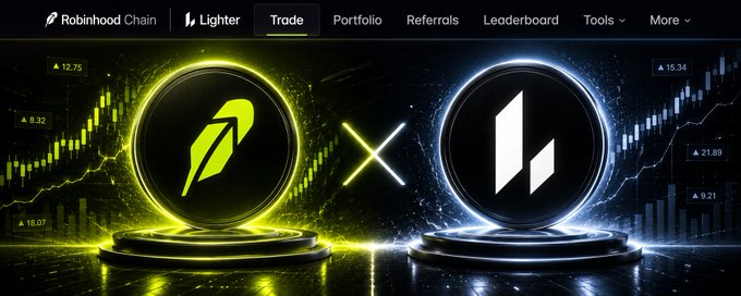 A promotional banner for the "Robinhood Chain" and "Lighter" partnership displays glowing green and blue logos side by side, separated by an "X" symbol, with candlestick charts and numbers like 12.75, 8.32, 18.07, 15.34, 21.89, and 9.21. The image visually reinforces the text's point about the collaboration, highlighting how Robinhood's branding (green) is paired with Lighter's architecture (blue) rather than Robinhood building its own perpetuals engine.