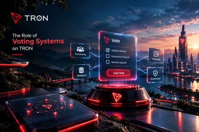 A promotional graphic for TRON titled 'The Role of Voting Systems on TRON,' featuring a futuristic cityscape with a central voting interface including Community, Validators, Vote, Proposals, and Governance panels.