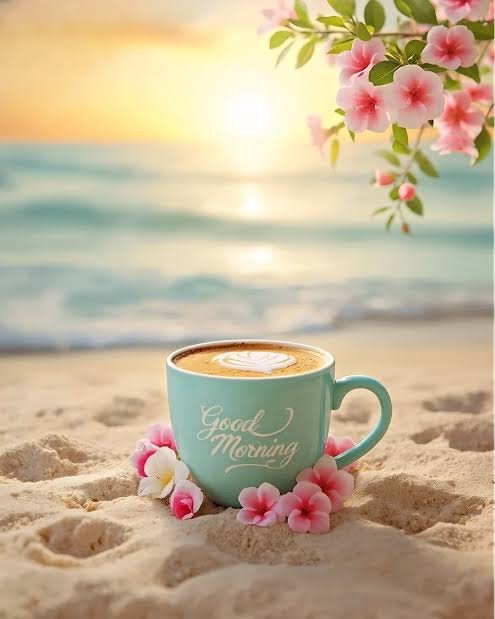 A serene 'Good Morning' image shows a teal coffee mug with latte art sitting on sandy beach, surrounded by pink flowers and leaves, with a calm ocean and sunset in the background.