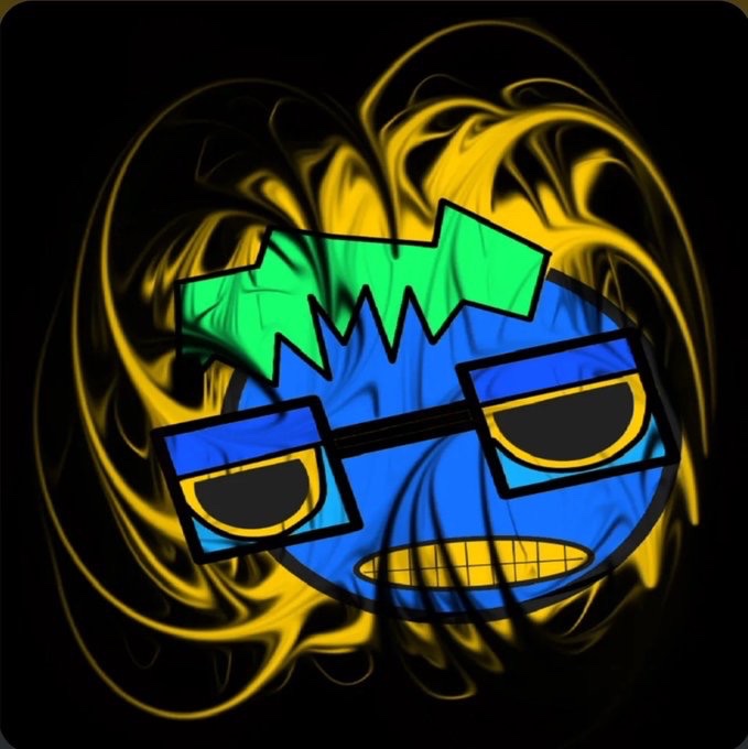 A digital illustration of a blue cartoon face with green hair and yellow-rimmed glasses, surrounded by swirling yellow energy patterns on a black background.