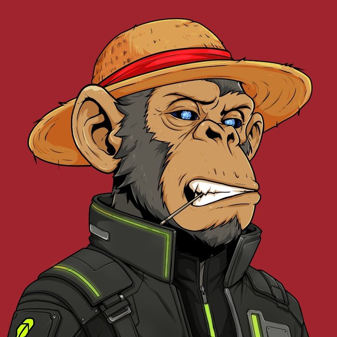 A digital illustration depicts a chimpanzee wearing a straw hat and a dark futuristic jacket with neon green accents, holding a small stick in its mouth against a solid red background.
