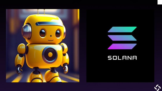 An image pairing a cute, yellow 3D-rendered robot character on the left with the purple and teal Solana logo and wordmark on the right.
