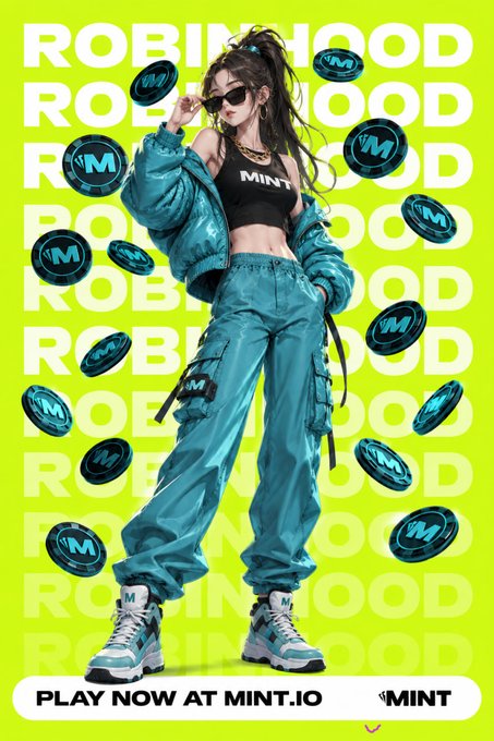 A promotional poster for MINT.IO with 'ROBINHOOD' repeated in the background, showing a stylish figure surrounded by floating 'M' tokens.