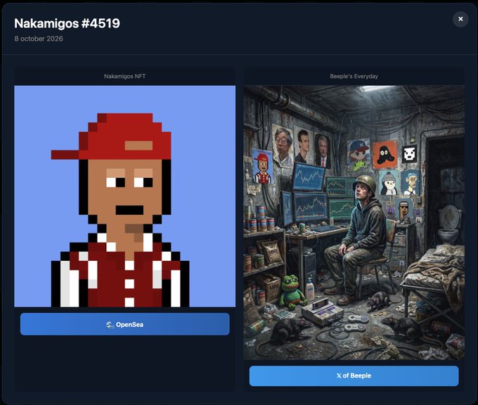 A digital display titled 'Nakamigos #4519, 8 october 2026' showing a pixel-art NFT character and a detailed illustration of a disheveled man in a basement labeled 'X of Beeple.'