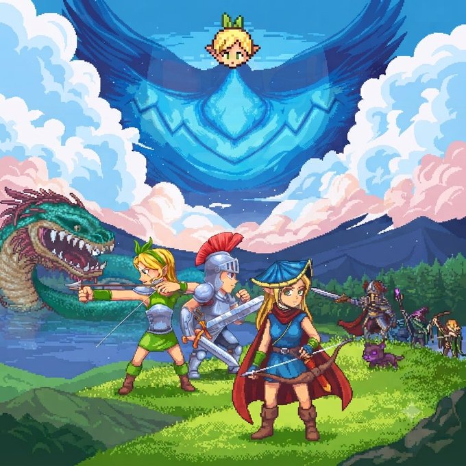 A pixel-art illustration depicts three adventurers—a green-clad archer, a knight, and a blue-tuniced scout—standing on a cliffside with a dragon and armored figures nearby, while a large shield bearing the Bitcoin logo looms in the sky above them. The scene visually represents Fabled Chronicle, an early-alpha gaming NFT collection being built on Robinhood's blockchain, symbolizing its fantasy adventure world.