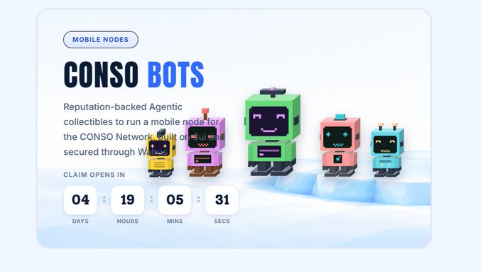 A promotional graphic for 'CONSO BOTS' showing colorful blocky robot characters with a countdown timer reading 04 days, 19 hours, 05 mins, 31 secs.