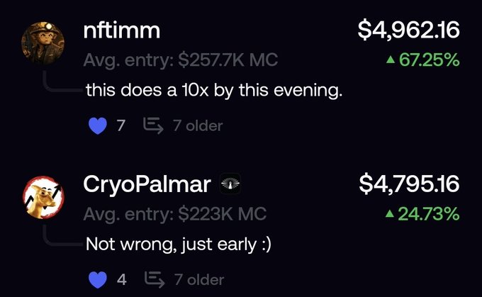 Two user profiles—nftimm (up 67.25%, avg. entry $257.7K MC, commenting "this does a 10x by this evening") and CryoPalmar (up 24.73%, avg. entry $223K MC, replying "Not wrong, just early :)")—display strong portfolio gains, illustrating the friendly leaderboard competition mentioned in the post about the VECTOR days.