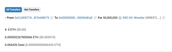 A cryptocurrency transaction interface shows an 'All Transfers' tab with a transfer of 50,000,000 ERC-20: Wrestler (WRESTL...) tokens from address 0xCcDEB774...876448E75 to 0x00000000...000d4Ead, along with small ETH and Gwei gas fees.