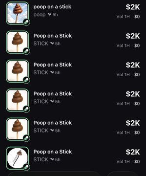 Screenshot showing multiple NFT listings for 'Poop on a Stick' and 'Poopon a Stick' collection items, each priced at $2K with 0 volume traded in 5 hours.