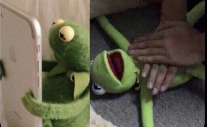 A split image showing Kermit the Frog puppet on the left side and the Kermit plush toy with a hand on its face, looking distressed, on the right side.