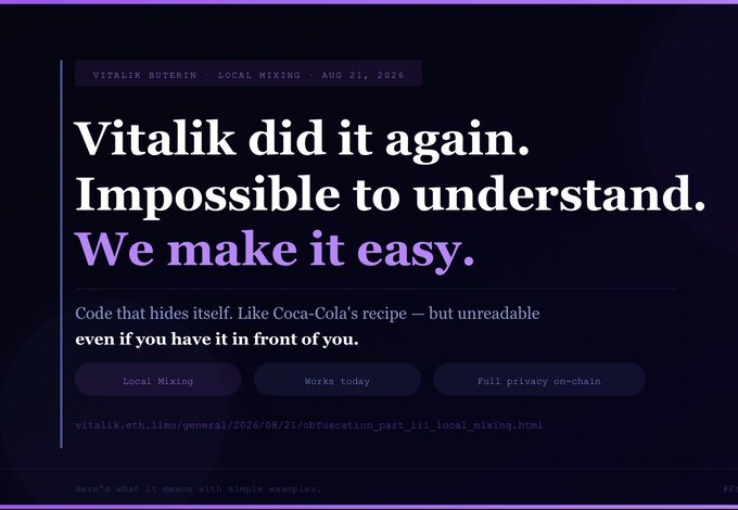 A dark purple themed webpage about 'VITALIK BUTERIN - LOCAL MIXING - AUG 21, 2026' with the headline 'Vitalik did it again. Impossible to understand. We make it easy.' and describing obfuscated code, with a link to vitalik.eth.limo.