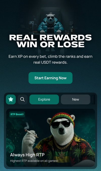 A mobile app advertisement for a gambling/crypto platform featuring a bear mascot in sunglasses with text 'REAL REWARDS WIN OR LOSE' and 'Start Earning Now', promoting 'Always High RTP'.