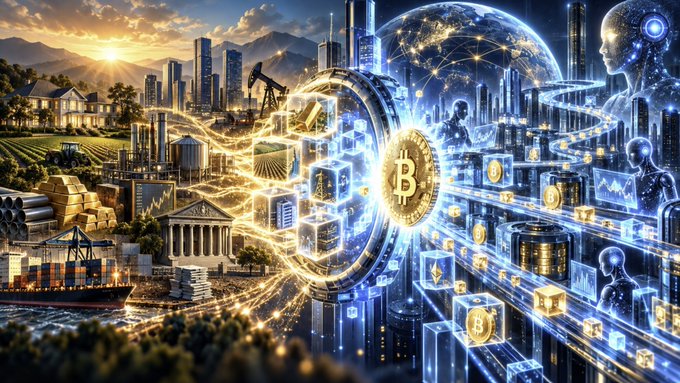 A futuristic collage contrasts traditional real-world assets—homes, farmland, oil rigs, ports, banks, and classical architecture—with a digital Bitcoin and blockchain network powered by AI entities, symbolizing the convergence of tokenized real-world wealth and artificial intelligence. The Bitcoin "₿" symbol anchors the center, visually representing the article's thesis on crypto-driven money circulation.