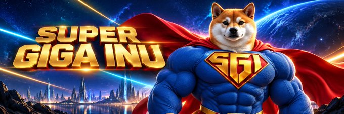 Promotional artwork for 'SUPER GIGA INU' featuring a Shiba Inu character dressed as Superman with a red cape and a chest emblem with the letters 'SGI'.