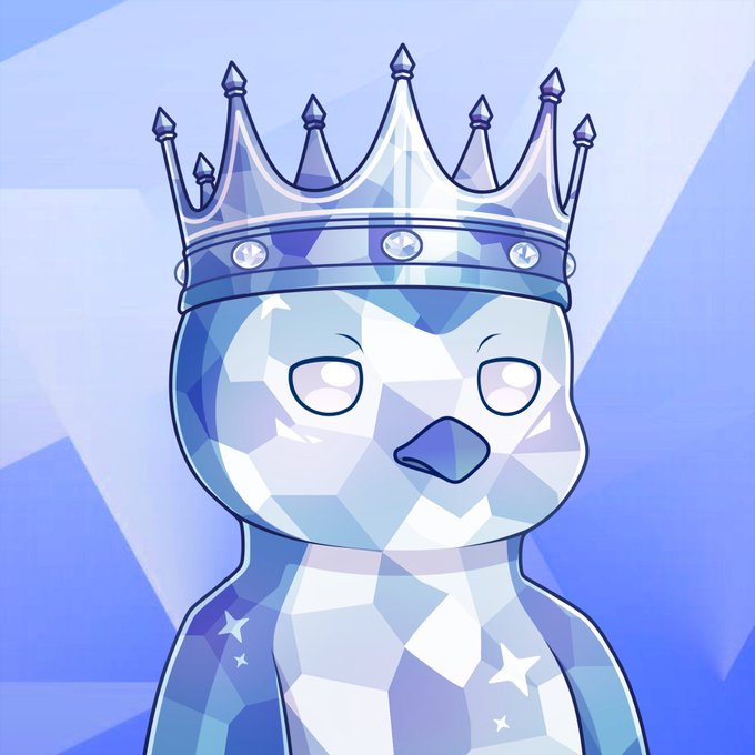 A digital illustration of a diamond/gem-style penguin character with a crystalline, light blue geometric body, wearing a silver crown set with jewels, set against a purple starry background.