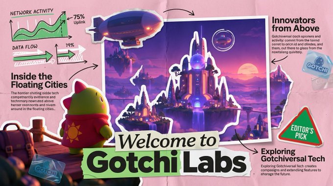 A colorful promotional graphic titled 'Welcome to Gotchi Labs' featuring floating cities, network activity charts, and a cartoon dinosaur character.