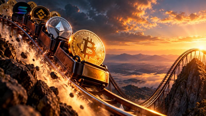 A roller coaster track winds through a dramatic landscape at sunset, with a Bitcoin-themed cart leading a train of crypto coins like Ethereum, Solana, and Binance Coin over a rocky peak—symbolizing the volatile ride highlighted in the post, where major gains (Bitcoin +36%, Ethereum +50%, altcoins x3–x5) have been followed by a normal pullback ahead of a potential strong Q4.