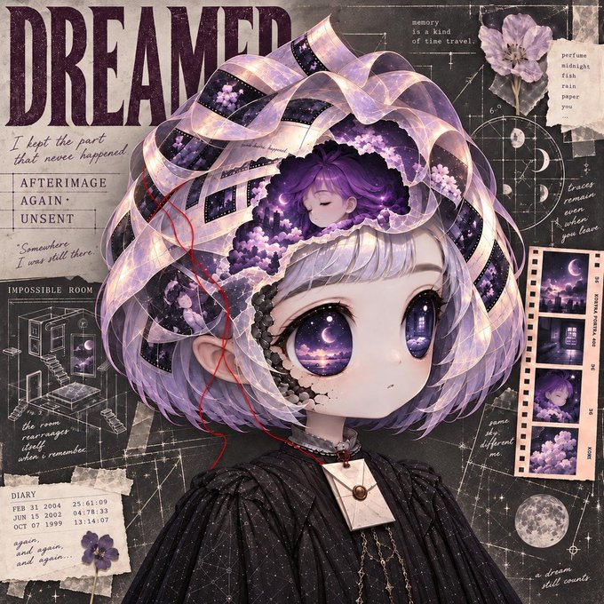 The image is a surreal digital collage featuring an anime-style character with large starry purple eyes, lavender hair, and a torn-open head revealing a smaller sleeping figure amid cosmic imagery, moons, and film strips. Visible text includes "DREAMER," "I kept the part that never happened," "AFTERIMAGE AGAIN UNSENT," "IMPOSSIBLE ROOM," "DIARY" with dates (FEB 21 2004, JUN 15 2002, OCT 07 1999), and phrases like "memory is a kind of time travel" and "a dream still counts." This dreamlike, fragmented aesthetic fits the post's announcement of an Alter Ego collection, where users' profiles become their own dreamlike puppet personas.