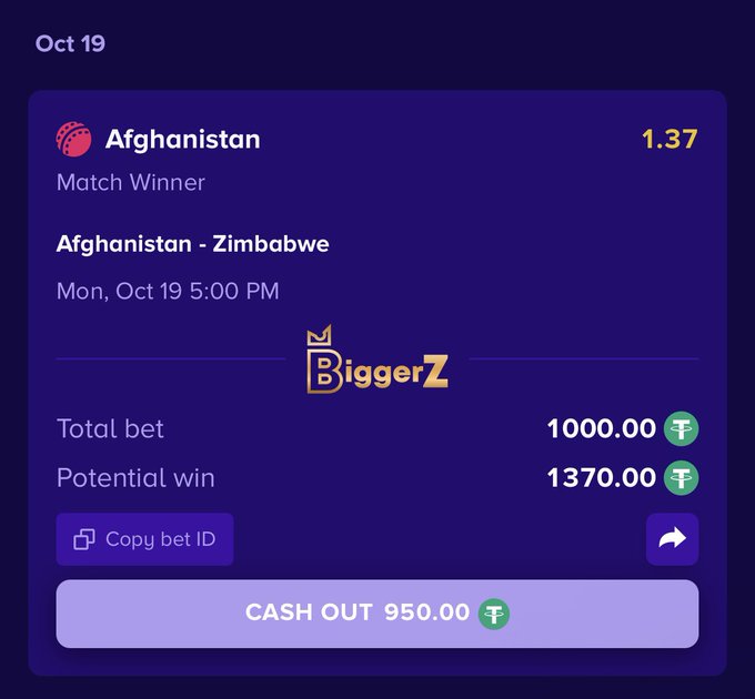 A digital betting slip on a purple background showing a wager on the Afghanistan vs Zimbabwe match winner (Oct 19), with a total bet of 1000.00, potential win of 1370.00, and a cash out option of 950.00, branded 'BiggerZ'.