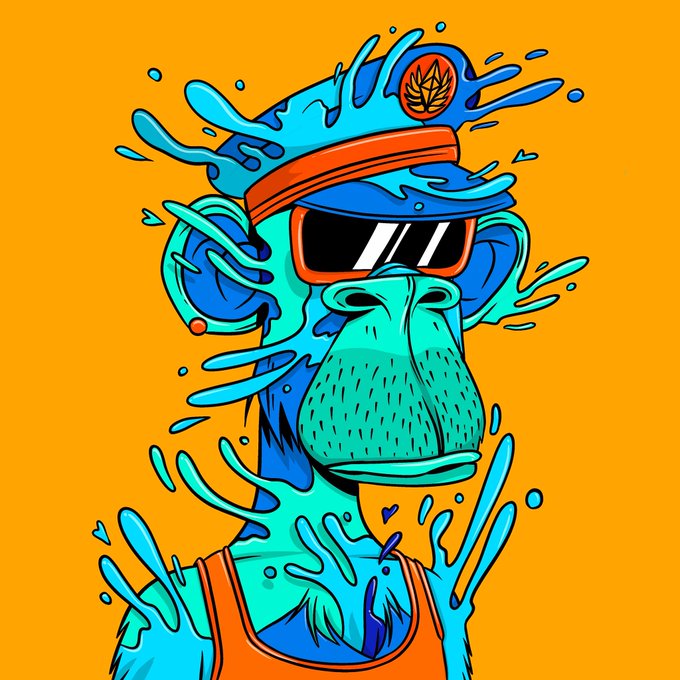 A colorful digital illustration of a turquoise monkey wearing an orange tank top, blue visor, and sunglasses, with water splashing around it against an orange background.